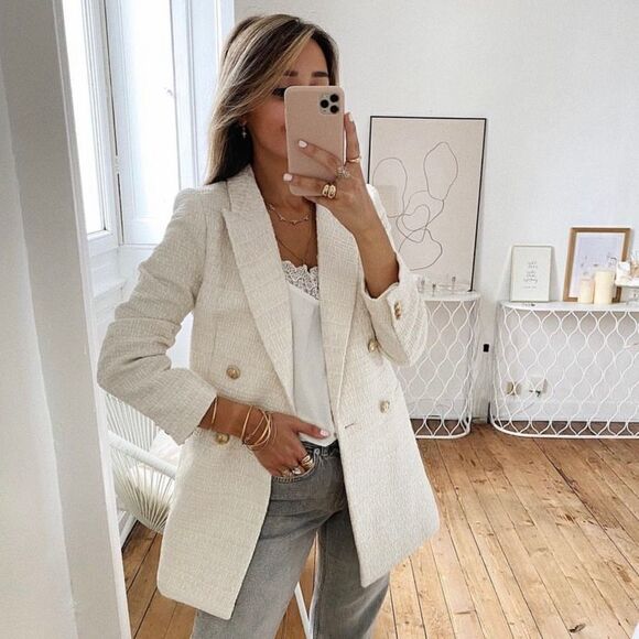 H&M Textured Double Breasted Blazer Jacket Golden Buttons New